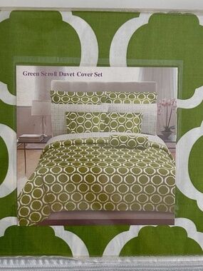 Pacific Home Fashion QUEEN S Duvet Set 100% Cotton GREEN Scroll Duvet + Shams